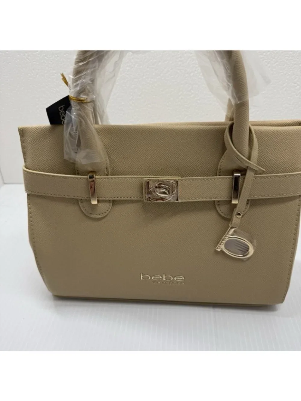 Bebe Evie Satchel NWT Beige Saffiano Gold Turn Lock Crossbody Handbag Work